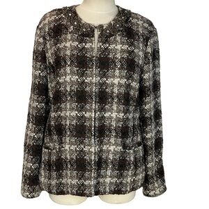 Chicos Brown Black Ivory Plaid Boucle Beaded Neckline Blazer Jacket Sz 2 M/L